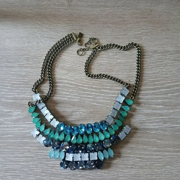 BR Banana Republic Statement Necklace Bib Mosiac Blue Rhinestone Charm - Picture 7 of 9
